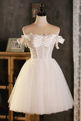 Prom Dresses Chiffon, A-Line Tulle Short Prom Dress, Cute Champagne Off the Shoulder Party Dresses