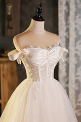 Prom Dresses Guide, A-Line Tulle Short Prom Dress, Cute Champagne Off the Shoulder Party Dresses