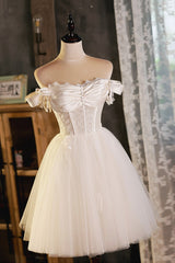 Prom Dress Ideas 2038, A-Line Tulle Short Prom Dress, Cute Champagne Off the Shoulder Party Dresses