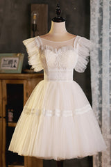 Bridesmaid Dresses Mismatched Winter, Cute Lace Short A-Line Prom Dress, Champagne Party Dress