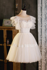 Boho Wedding Dress, Cute Lace Short A-Line Prom Dress, Champagne Party Dress