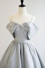 Bridesmaids Dresses Fall Colors, Gray Satin Long A-Line Prom Dress, Off the Shoulder Evening Dress with Pearls