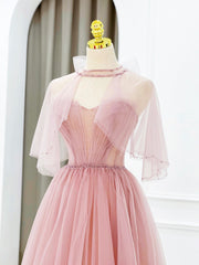 Homecoming Dresses 27 Year Old, Pink Tulle Long Prom Dress with Beaded, Lovely A-Line Evening Dress
