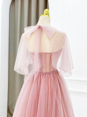 Homecoming Dresses Simples, Pink Tulle Long Prom Dress with Beaded, Lovely A-Line Evening Dress