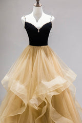 Prom Dress With Slits, Black Straps V-Neck Layers Tulle Long Party Dresses, Glam Prom Dresses
