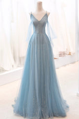 Evening Dresses Gowns, Blue Spaghetti Strap Tulle Long Prom Dress, V-Neck Evening Party Dress