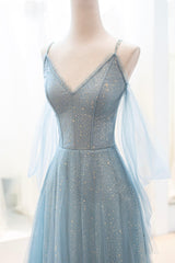 Evening Dresses Simple, Blue Spaghetti Strap Tulle Long Prom Dress, V-Neck Evening Party Dress