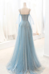 Evening Dress Simple, Blue Spaghetti Strap Tulle Long Prom Dress, V-Neck Evening Party Dress