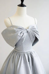 Bridesmaid Dresses Fall Color, Gray Satin Long A-Line Prom Dress, Off the Shoulder Evening Dress with Pearls