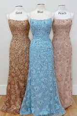 Homecoming Dresses Green, Straps Mermaid Blue Lace Appliques Long Prom Dress