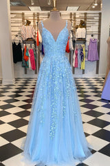 Party Dress Lace, Sky Blue V-Neck Lace Appliques Tulle Long Formal Dress