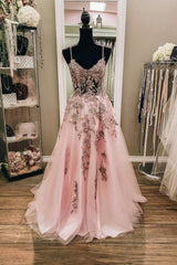 Homecomeing Dresses Red, Pink Tulle Lace Long Prom Dresses, Lovely A-Line Evening Dresses