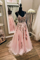Homecomming Dresses Red, Pink Tulle Lace Long Prom Dresses, Lovely A-Line Evening Dresses