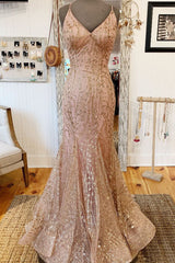 Homecoming Dress Styles, Mermaid V-Neck Rose Gold Long Prom Dress with Criss Cross Back