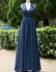 Bridesmaids Dress Designers, Modest A-Line Navy Blue Long Chiffon Bridesmaid Dress