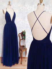 On Shoulder Dress, Simple A-line V Neck Navy Blue Long Prom Dress