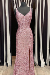 Homecomming Dress Vintage, Gorgeous Mermaid V-Neck Pearl Pink Long Prom Dress with Slit