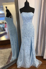 Homecoming Dress Lace, Elegant Strapless Mermaid Sky Blue Long Lace Prom Dress with Slit