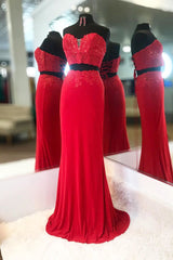 Ballgown, Elegant Two Piece Sweetheart Beaded Red Prom Dress with Lace-up Back