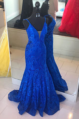 Blue Gown, Elegant V Neck Mermaid Royal Blue Long Lace Prom Dress