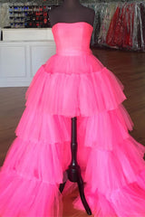 Homecomeing Dresses Black, Elegant Strapless Layered Hot Pink Long Prom Dress with Slit