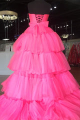 Homecomming Dresses Black, Elegant Strapless Layered Hot Pink Long Prom Dress with Slit