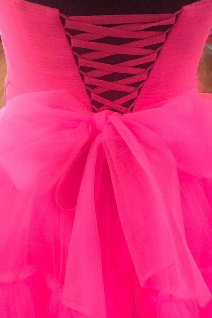 Homecoming Dresses Pink, Elegant Strapless Layered Hot Pink Long Prom Dress with Slit
