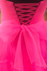 Homecoming Dresses Pink, Elegant Strapless Layered Hot Pink Long Prom Dress with Slit