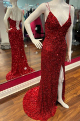 Blue Gown, Red Sequin Fringe V-Neck Lace-Up Back Mermaid Long Prom Dress with Slit
