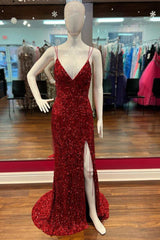 Champagne Prom Dress, Red Sequin Fringe V-Neck Lace-Up Back Mermaid Long Prom Dress with Slit