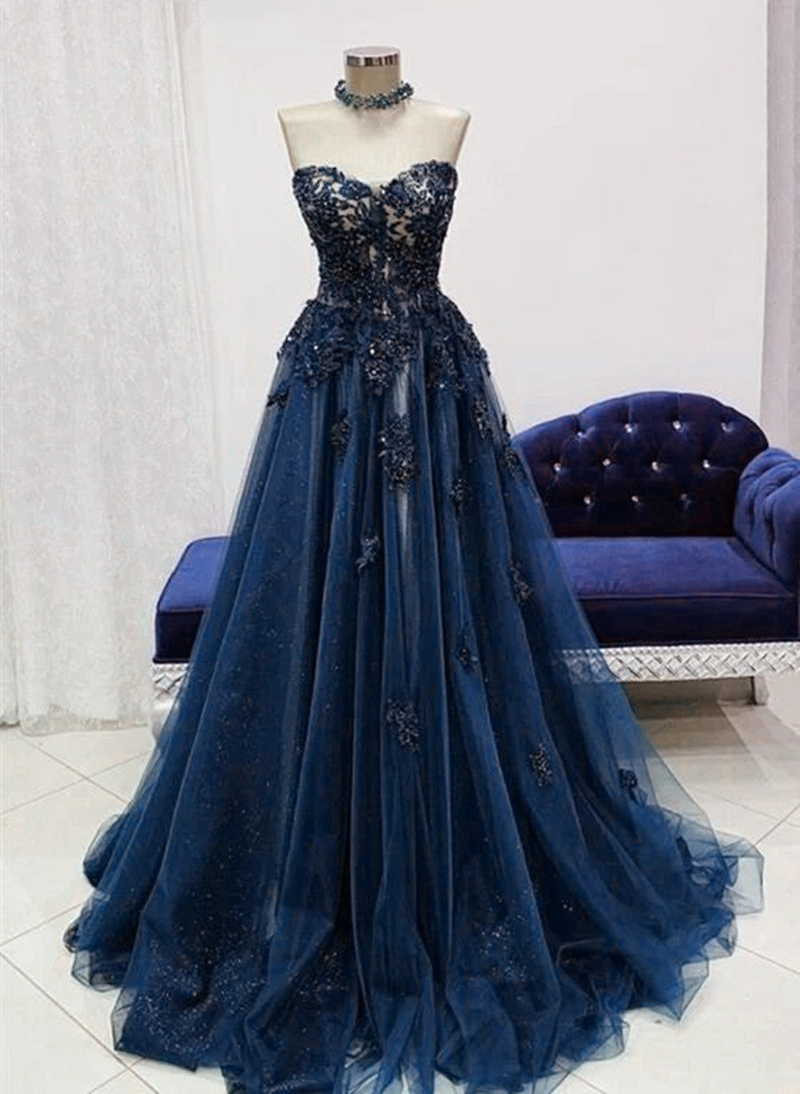 Formal Dress Stores, Navy Blue Tulle With Lace Sweetheart Long Formal Dress, Blue Long Prom Dress