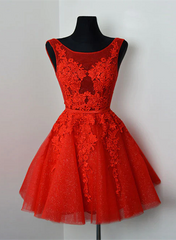 Formal Dress Long Gowns, Red Lace Round Neckline Short Party Dress, Red Short Homecoming Dress