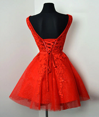Formal Dresses Long Gowns, Red Lace Round Neckline Short Party Dress, Red Short Homecoming Dress