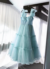 Formal Dress Boutiques Near Me, Light Blue Tulle Straps Long Party Dress Evening Dress, Light Blue A-Line Prom Dress