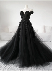 Formal Dresses And Evening Gowns, Black Off Shoulder Tulle Long Evening Dress Prom Dress, Black Lace Formal Dress