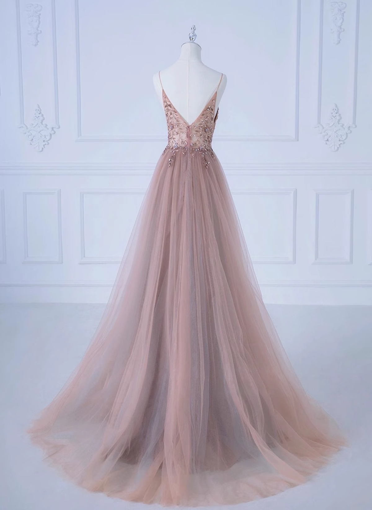 Formal Dresses Size 31, Pink V-Neckline Beaded Straps Long Party Dress, A-Line Pink Tulle Floor Length Prom Dress