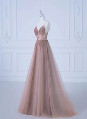 Formal Dresses Fall, Pink V-Neckline Beaded Straps Long Party Dress, A-Line Pink Tulle Floor Length Prom Dress