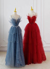 Formal Dress To Attend Wedding, A-Line Tulle Layers Beaded Straps Long Party Dress, Tulle Prom Dress Evening Dress