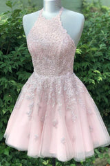 Homecoming Dress Vintage, Halter Lace-Up back Short Pink Lace Homecoming Dress