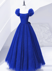 Formal Dress Shop Near Me, Royal Blue Scoop Tulle Short Sleeves Long Prom Dress, Royal Blue A-Line Party Dress