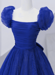 Formal Dress Shops Near Me, Royal Blue Scoop Tulle Short Sleeves Long Prom Dress, Royal Blue A-Line Party Dress