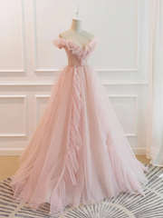 Formal Dress Long, Pink Tulle Off The Shoulder A-Line Tulle Ruffles Floor-Length Prom Dress, Pink Long Party Dress