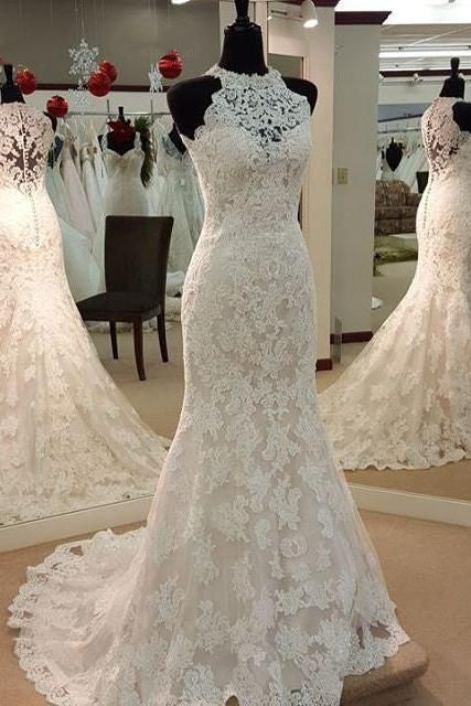 Wedding Dress With Straps, High Neck Mermaid Ivory Lace Wedding Dress
