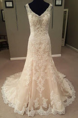 Homecome Dresses Short Prom, Mermaid Long Champagne Bridal Dress with Lace