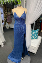 Homecoming Dress Tight, High Slit Blue Sequins Straps Mermaid Prom Dress