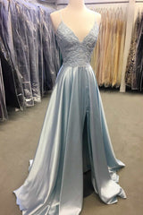 Simple Prom Dress, Light Blue Lace Lace-Up Back A-Line Prom Dress with Slit