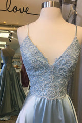 Midi Dress, Light Blue Lace Lace-Up Back A-Line Prom Dress with Slit