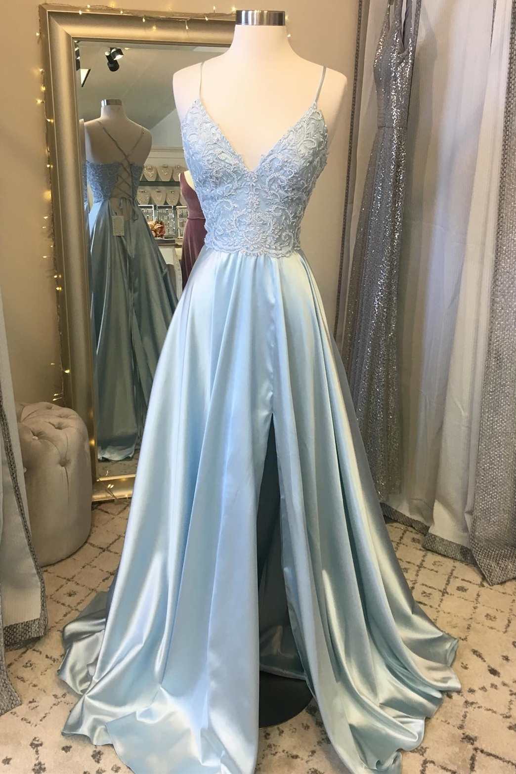 Unique Wedding Dress, Light Blue Lace Lace-Up Back A-Line Prom Dress with Slit