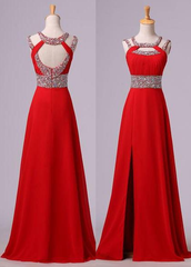 Prom Dress Online, 2024 Gorgeous Red Beading Open Back Chiffon Prom Dresses
