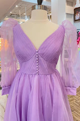 Party Dress Casual, Lavender Tulle V Neck Illusion Neck Pleated Long Prom Dress